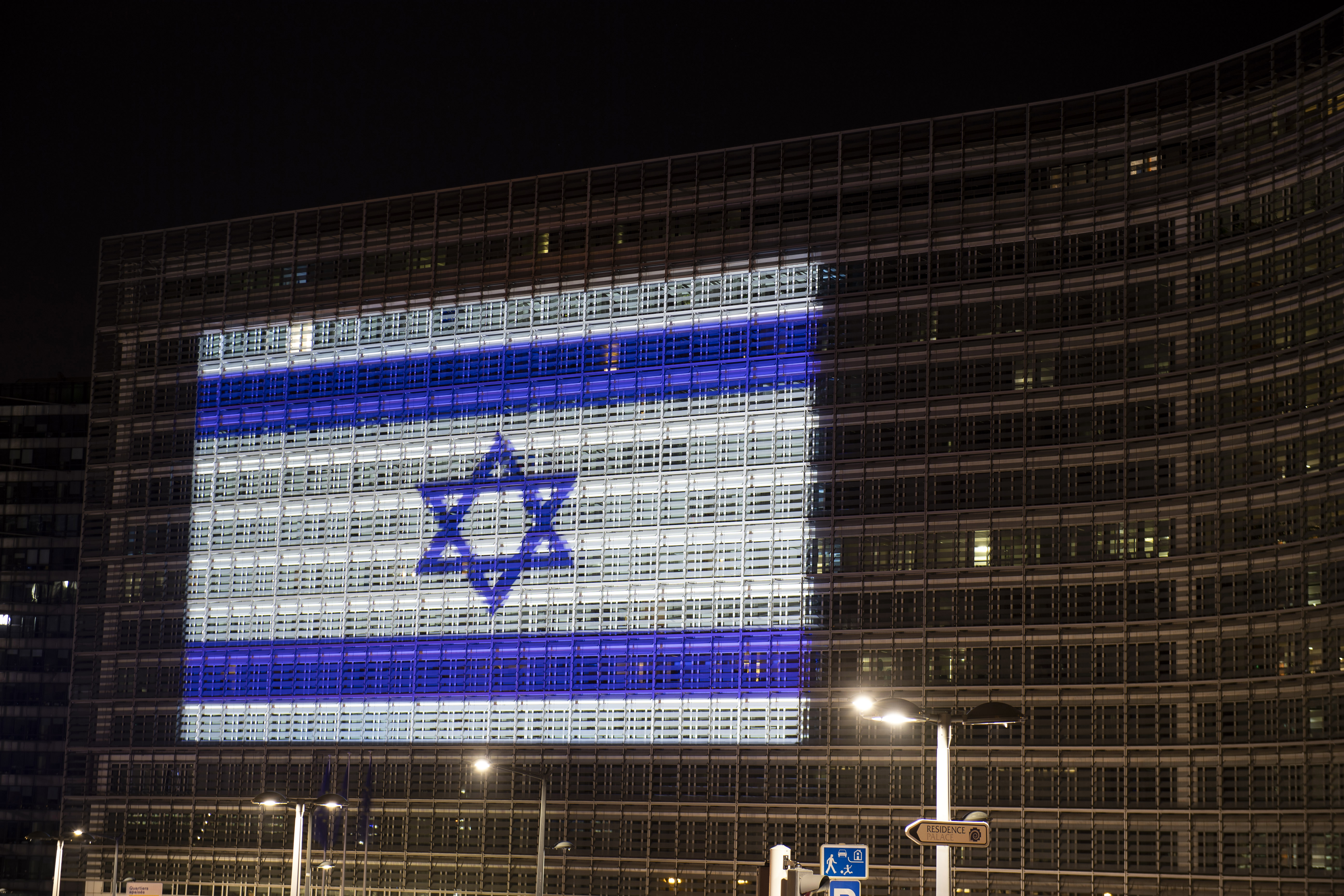 Berlaymont building illuminated in blue and white, to mark the Hamas attack against Israel