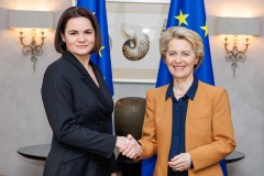 Sviatlana Tsikhanouskaya, on the left, and Ursula von der Leyen