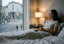 Guide to Deep Sleep A calm individual sitting upright in bed in a minimalist Brussels apartment, holding a warm cup of tea and looking out the window at the city during twilight to improve sleep quality