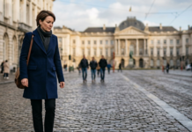 Why Most Brussels Professionals Never Reach Their Full Potential Professional woman in a navy coat walking pensively in Place Royale, Brussels, reflecting on reaching her full potential
