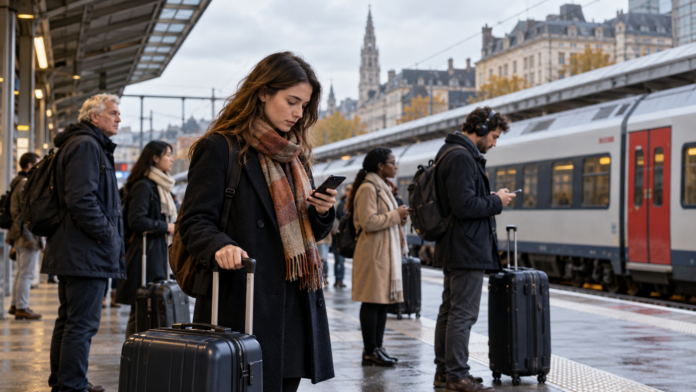 Autumn Commuters Wait at Brussels Station