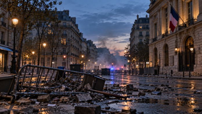 French Tricolor Amid Street Debris